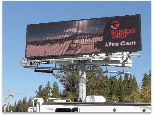 Palisades Tahoe digital outdoor billboard linked to website RSS feeds